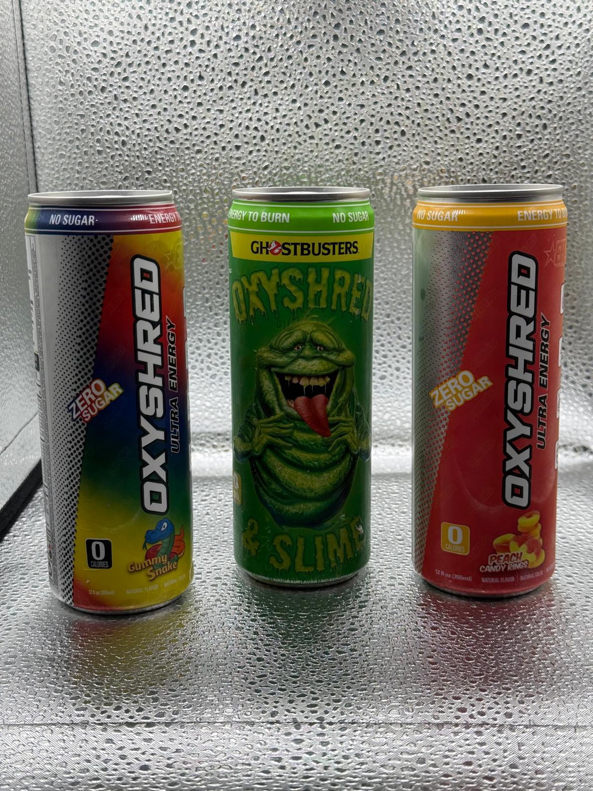 OxyShred Ultra Energy variety including Ghostbusters Slimer